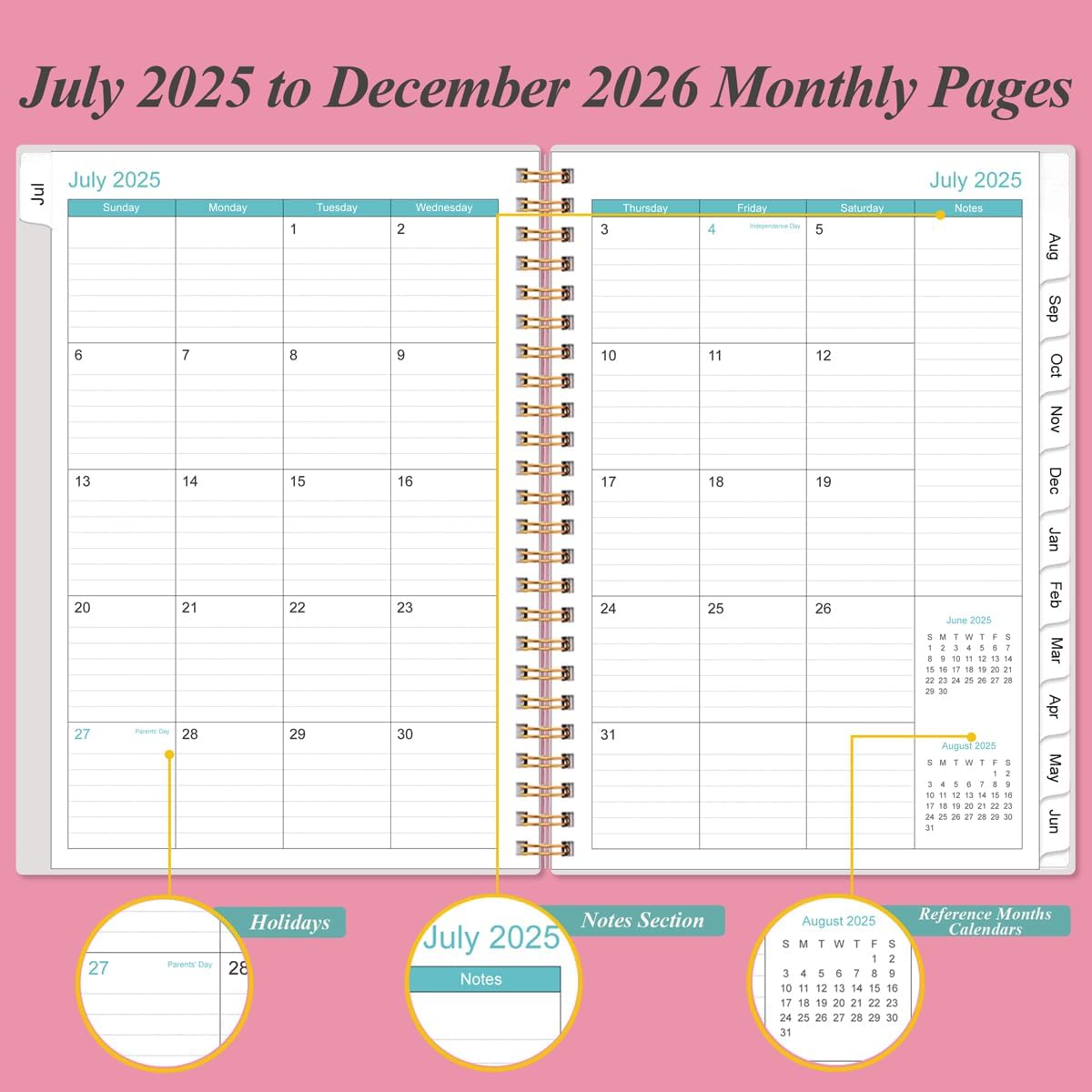 2025-2026 Monthly Planner - July 2025 - December 2026, Two Pages Per Month, 18 Monthly Calendar/Planner with Tabs, Strong Twin-Wire Binding, Inner Pocket, 6.4" x 8.5", Pink