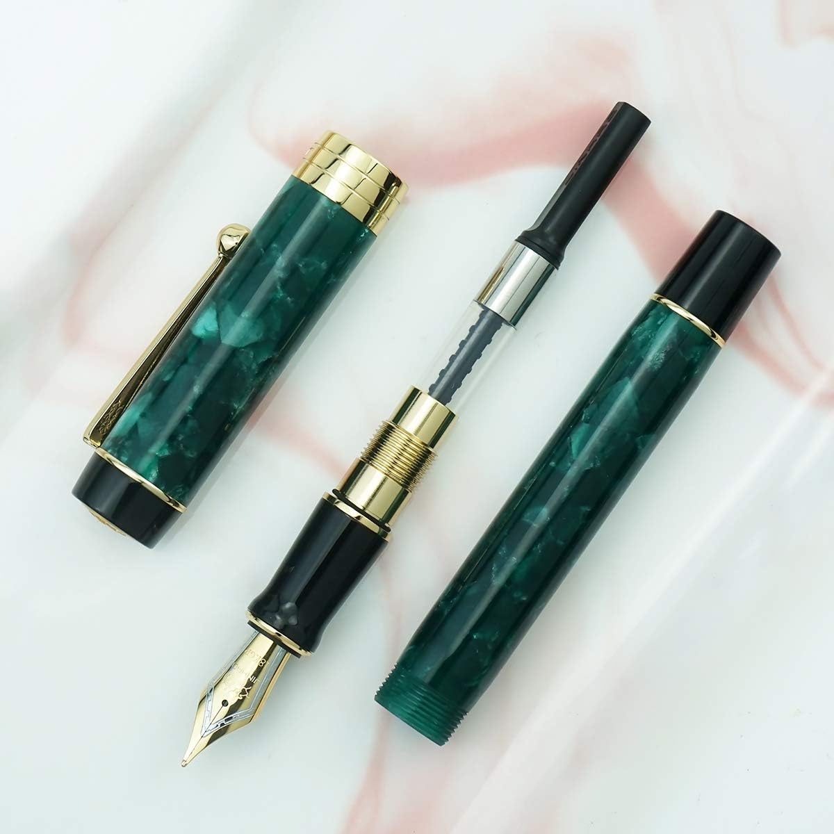 Jinhao 100 Fountain Pen Celluloid Classic Style, #6 Nib Smooth Writing Instrument with Refillable Converter and Pen Case Set