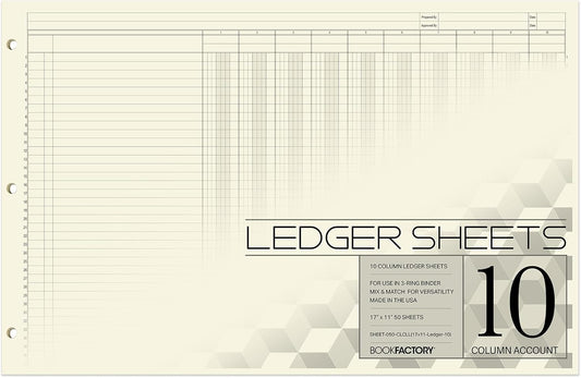 BookFactory Ledger Sheets/Large 10 Column Accounting Ledger Columnar (Ten Columns) Loose Leaf Paper - 17'' x 11'', 50 Pages, Loose Leaf, 3 Hole Punched (SHEET-050-CLCLL(17x11-Ledger-10)-AX)