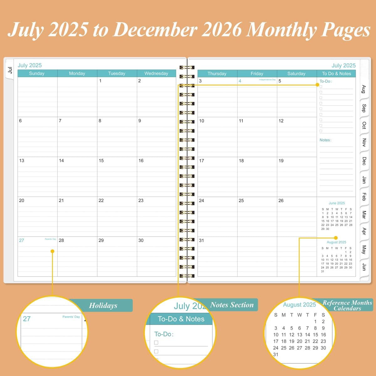 2025-2026 Monthly Planner - 18 Monthly Calendar, July 2025 - December 2026, Two Pages Per Month, 9" x11" Planner with Tabs, Strong Twin-Wire Binding, Inner Pocket, Rose Flowers