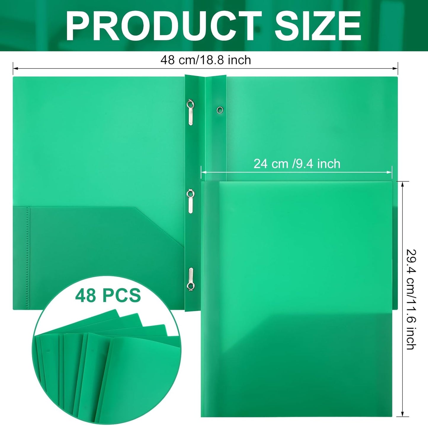 Patelai 48 Pcs Plastic Folders with 2 Pockets and 3 Prongs Home Folders with Card Slot Letter Size Heavy Duty Report Covers for Back to School(Green,Classic)