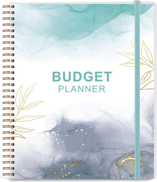 Budget Planner & Monthly Bill Organizer with Pockets. Expense Tracker Notebook, Budgeting Journal and Financial Planner Budget Book to Control Your Money, PP Cover, 8" x 9.5" – Teal Watercolor