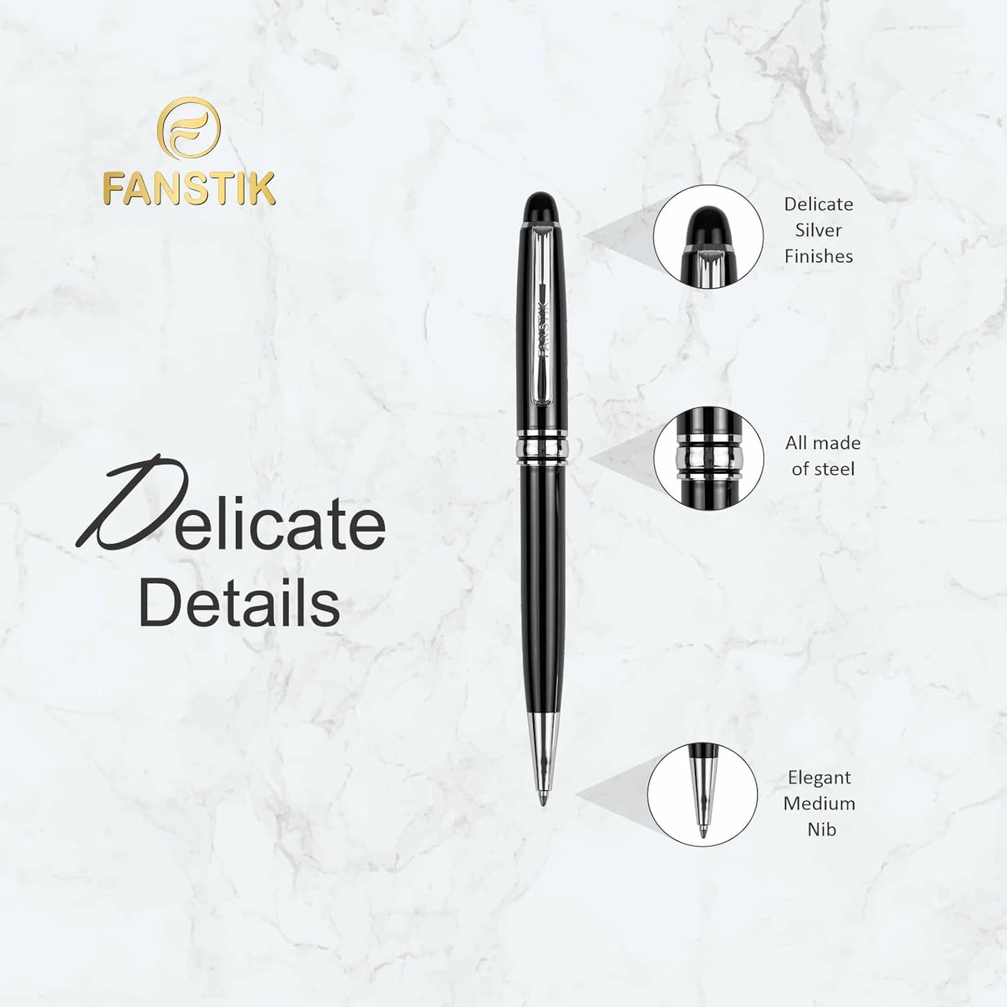 Customized BallPoint pen with name (MADE IN USA), stainless steel, black and silver, luxury engraved pen personalized for men and for women. (BallPoint Black-Silver)
