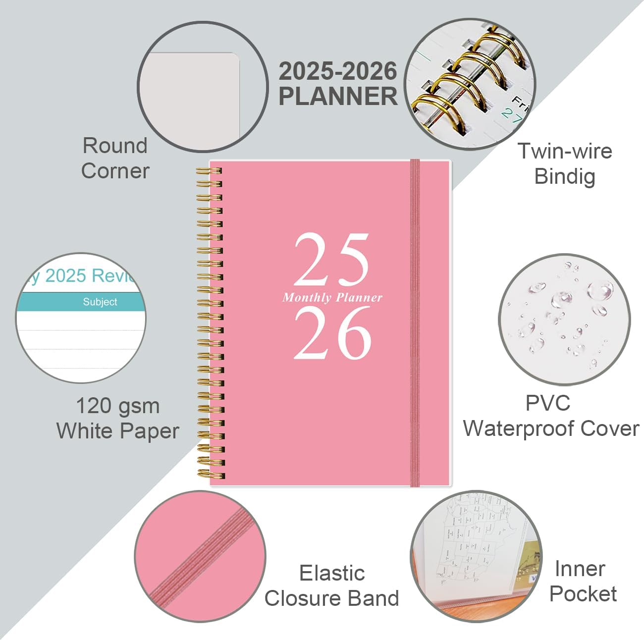 2025-2026 Monthly Planner - July 2025 - December 2026, Two Pages Per Month, 18 Monthly Calendar/Planner with Tabs, Strong Twin-Wire Binding, Inner Pocket, 6.4" x 8.5", Pink