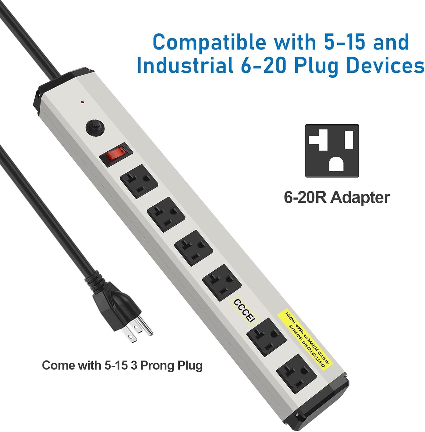 CCCEI Heavy Duty Power Strip Surge Protector 20 Amp, High Amp Industrial Shop Garage Metal Multiple Outlets, 12 FT 12 Gauge 5-15P Extension Cord 6 Outlet 6-20R T-Slot 20a for Appliance.