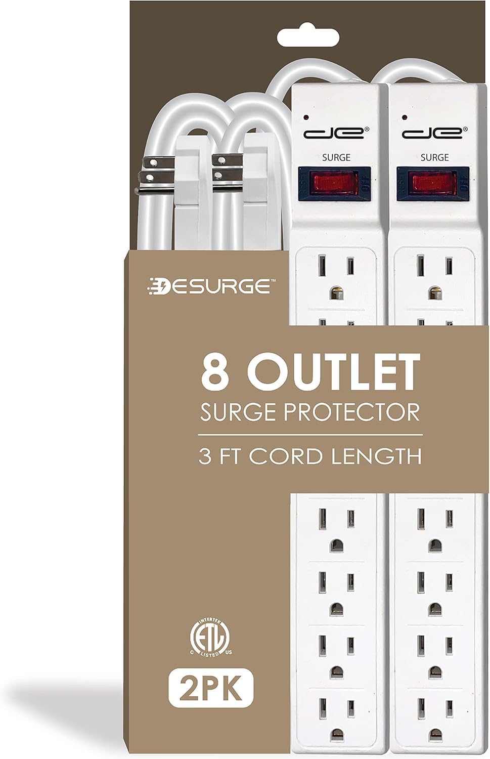 Digital Energy 8 Outlet Surge Protector - 15 AMP, 1875 W, 125 V, 350 J Surge Protection, ETL Listed - Flat Plug (White, 3 FT (Pack of 2))