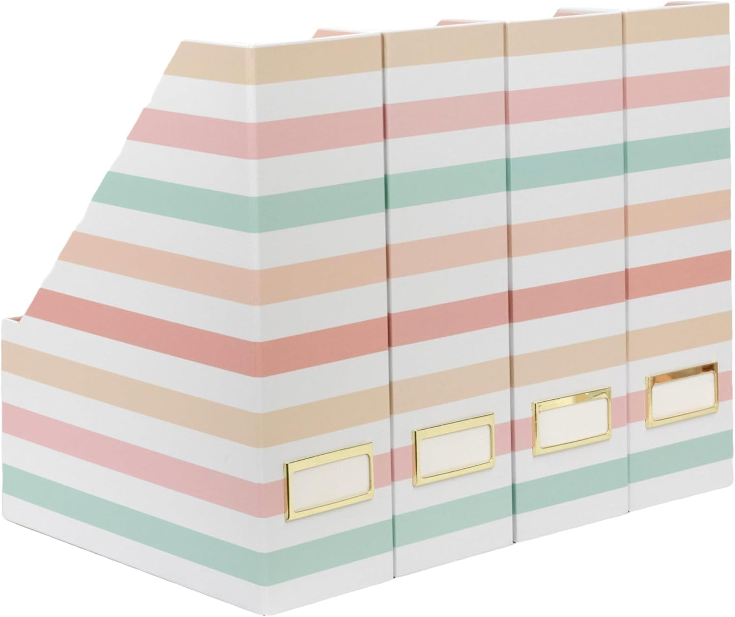 BLU MONACO Set of 4 Foldable Magazine Holders in Pastel Stripes – Sturdy Cardboard Vertical Organizers with Label Holders – Office File Storage Box, Desk Organizer, Paperwork and Document Holder