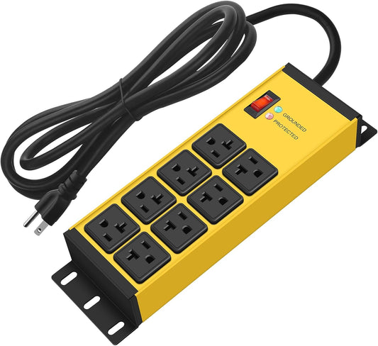 CCCEI Yellow Heavy Duty Power Strip Surge Protector 20 AMP, 8 Outlets 12 Gauge Industrial Shop Garage Metal Multiple Outlets, 15FT Extension Cord 5-15P Adapter High Amp 6-20R T-Slot 20a for Appliance