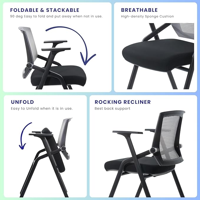 2 Pack Stackable Conference Room Chairs with Paddle Folding Office Foldable Desk Chair Mesh Back and Arms for Conference Meeting Guest Reception Home Office Training Room Chair Black