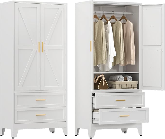 Farmhouse Wardrobe Cabinet with 2 Drawers,Metal Wardrobe Closet with Hanging Rod,Metal Armoire with Adjustable Shelves for Bedroom,Living Room, Cloak Room,Office (White)
