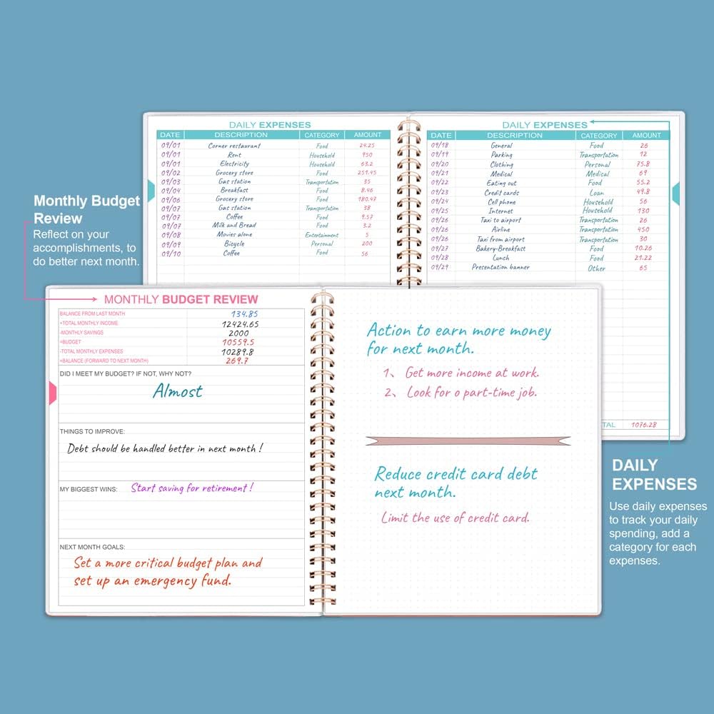 Budget Planner & Monthly Bill Organizer with Pockets. Expense Tracker Notebook, Budgeting Journal and Financial Planner Budget Book to Control Your Money, PP Cover, 8" x 9.5" – Blue Watercolor