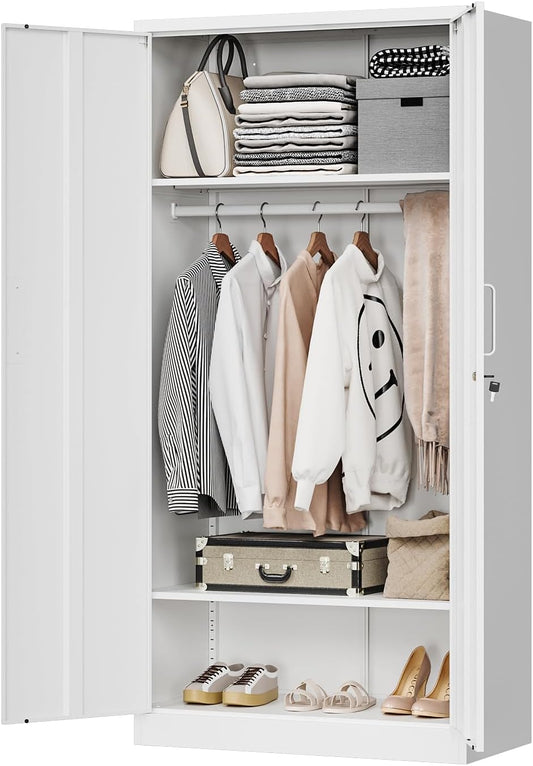 MIIIKO Metal Clothing Storage Locker, Steel Wardrobe Cabinets with Shelves and Hanging Rod, 72" Large Storage Locker Closet for Garments, Sports Equipment and Shoes
