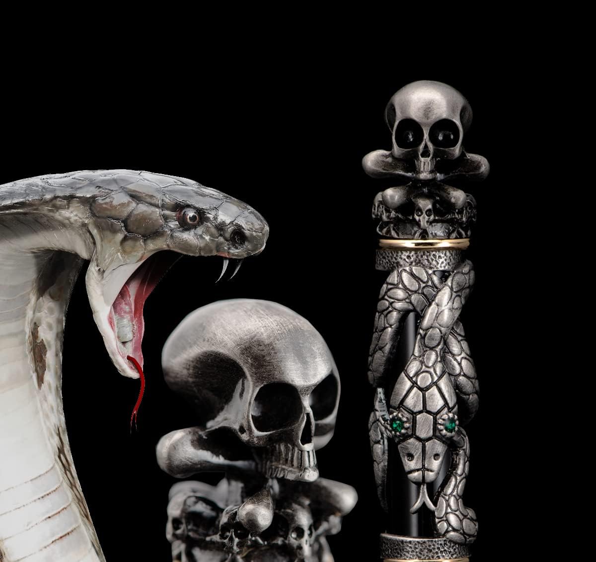 Jinhao Black Snake Fountain Pen Extra Fine Nib Retro Style with Skull Head Solid Metal and Paper Pen Case Set