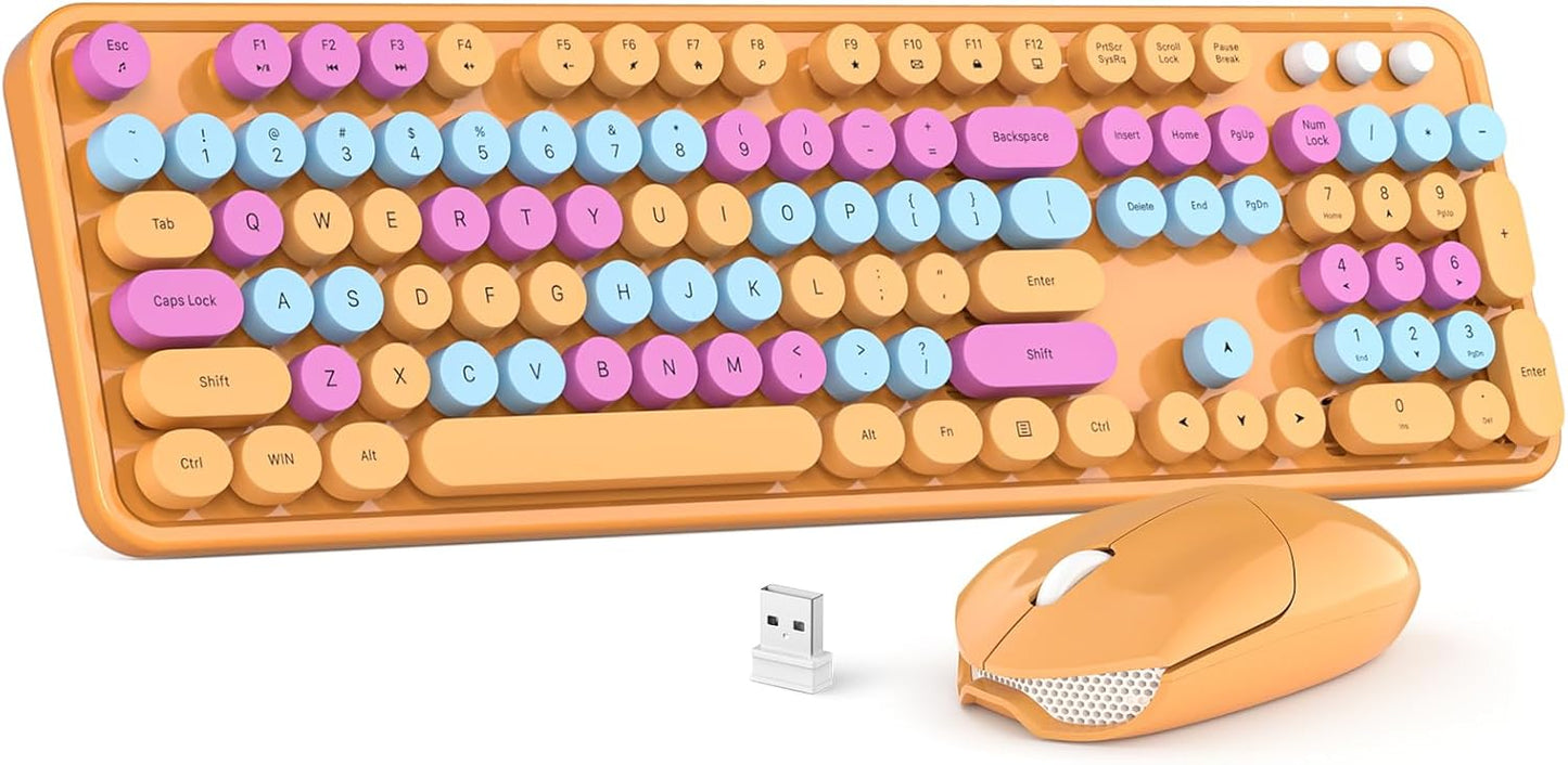 Wireless Keyboard and Mouse Combo, MOWUX Colorful Computer Full Size 2.4G Plug and Play Wireless Typewriter Keyboard and Mouse Set for Windows, Computer, Desktop, PC, Notebook (Orange Colorful)