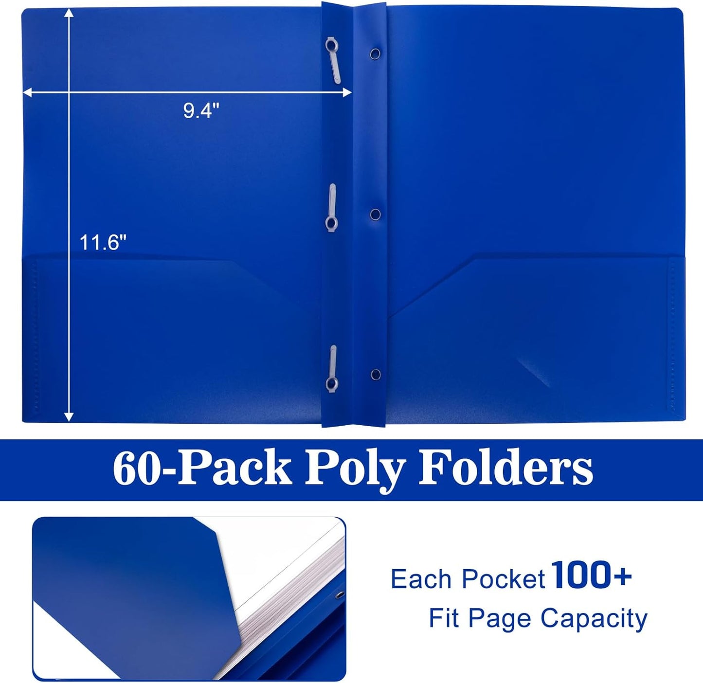 60-Pack Plastic Folders with Pockets and Prongs,2-Pocket Folders with 3 Fasteners, Poly Folders Holds 8-1/2" x 11" Paper for School/Office/Home, Assorted