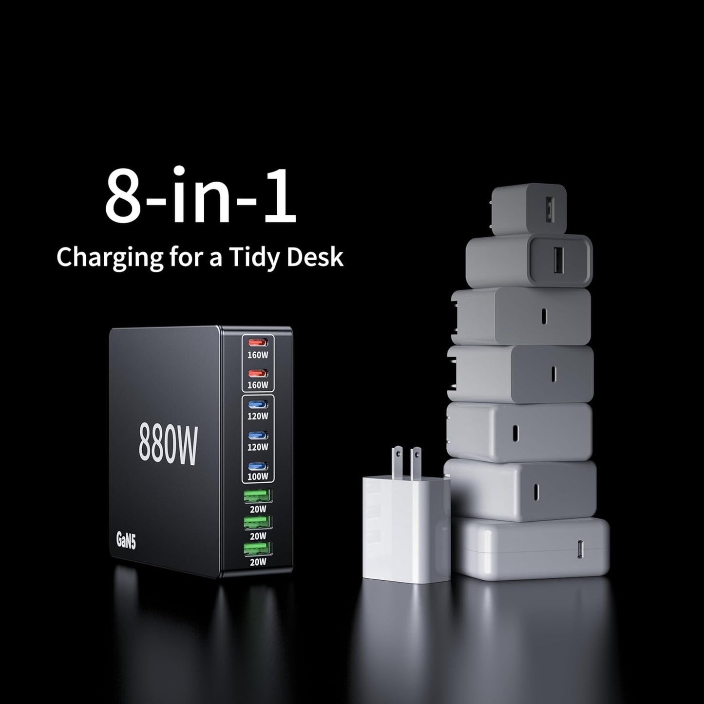 880W USB C Charger Block Charging Station 8 Port Fast Chager 140W PD PPS HUB Laptop MacBook Charger Compatible with All iPhone 17 Pro Max/17 Air/16 SE/Samsung Galaxy 25/ MacBook Pro/Air/iPad Pro