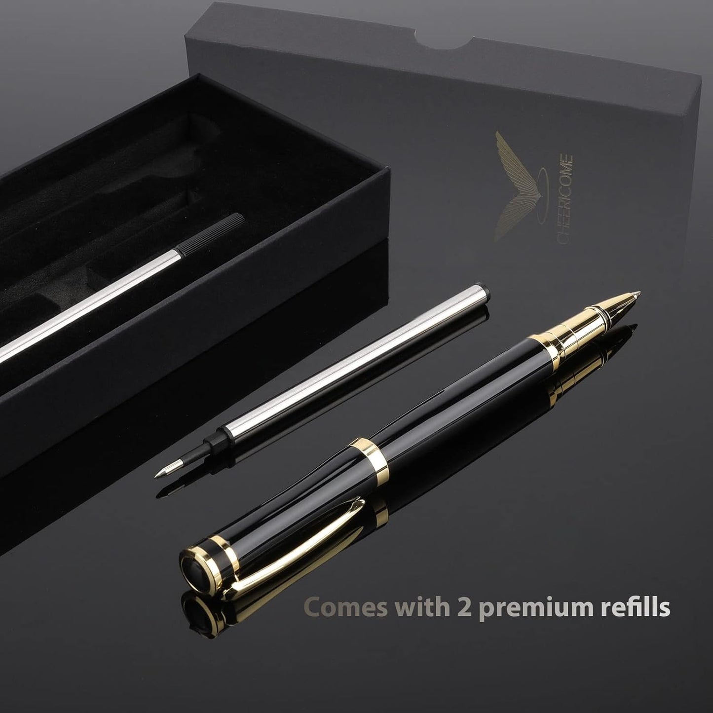 cheericome Luxury Ballpoint Pen - Professional & Executive, Perfect for Silky Smooth Writing, with Gift Box, Nice Pen for Men and Women, 2 Extra 0.5mm Black Refills - Black