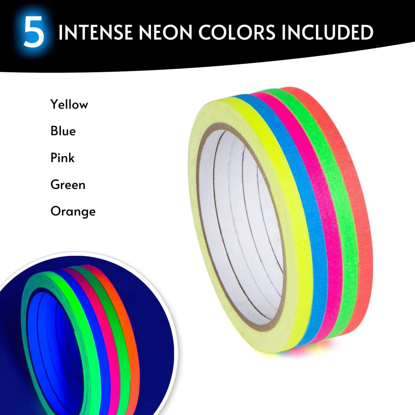 Glow King Blacklight Reactive Glow Tape | Premium UV Fluorescent Neon Party Gifts for Events | Multipurpose Luminous Colored Tape for Room Decoration | Glow in The Dark Cloth Tape – 0.25 in x 30 ft
