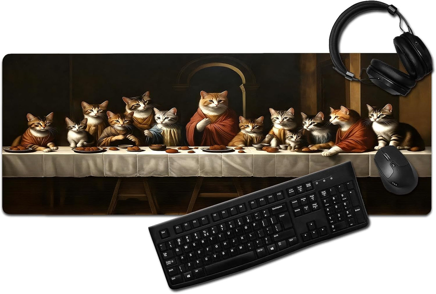 Artistic Cat Last Supper Mouse Pad, Adorable Cats in Religious Scenario Mousepad - Large Non-Slip Desk Mat for Office, PC, Laptop - 31.5"x11.8" x 3mm