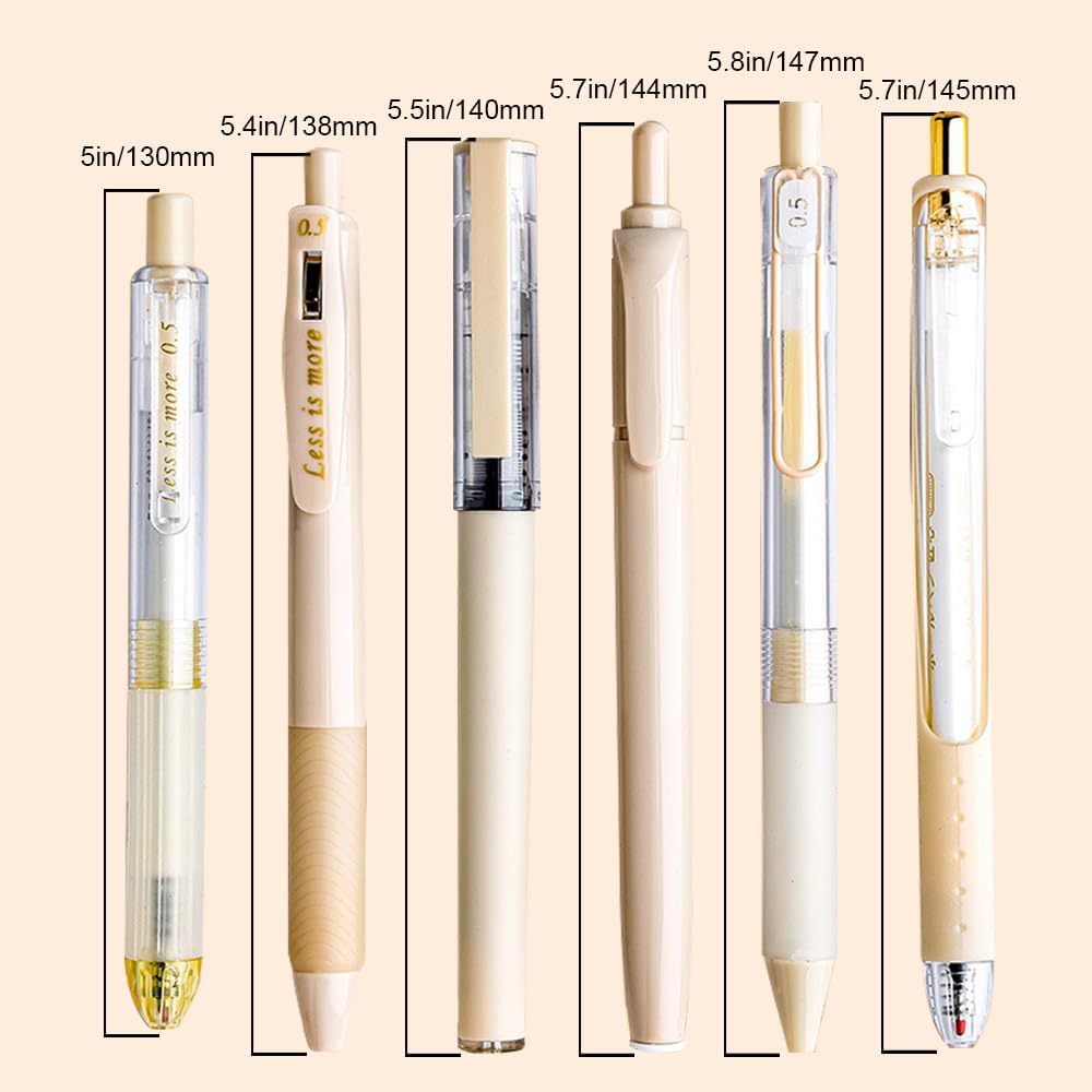 6 Count Pastel Gel Ink Pen Set,Cute Note Taking 0.5mm Fine Point Retractable 5 Count Black Ink Pens with 1 Count Highlighter for Writing, Journaling, School, Office (Off White)