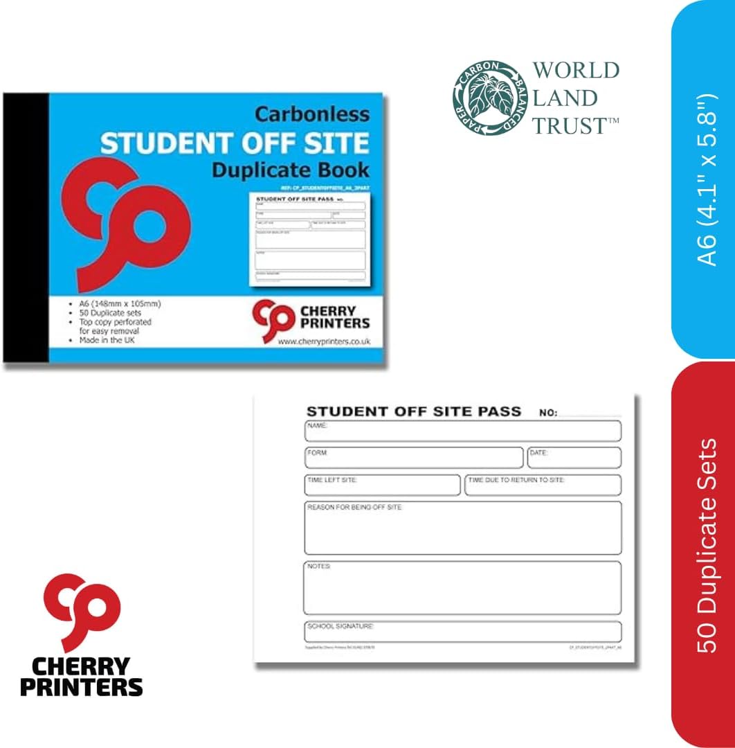 Cherry | Carbonless NCR | School Student Off Site Pass | 2pt Book | A6 (4.1 x 5.8 Inches) | 50 Sets |