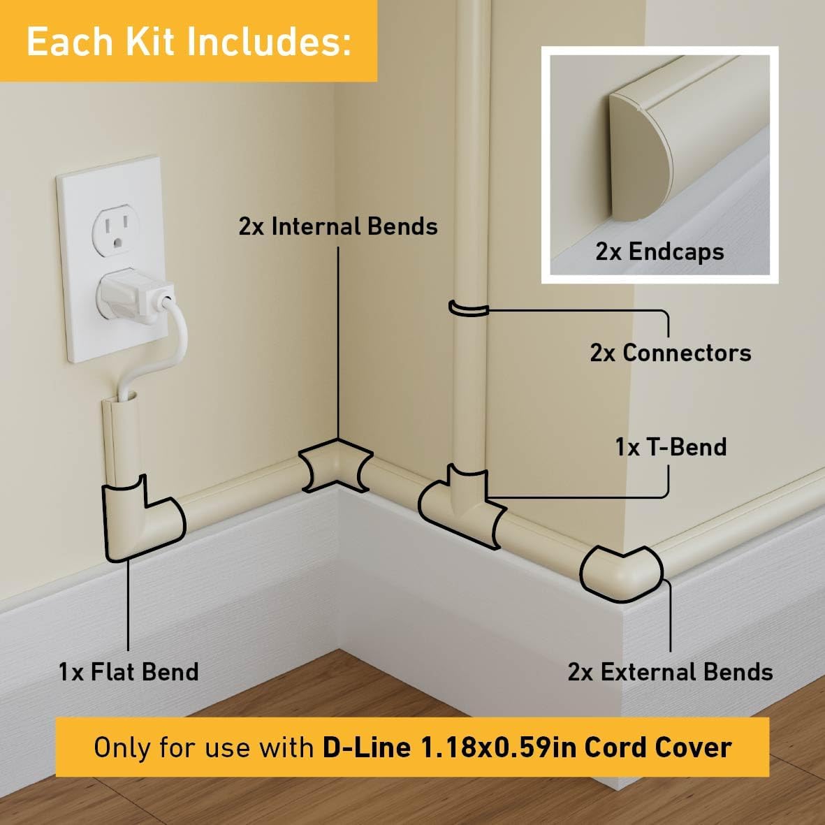 D-Line Medium Cable Raceway Accessory Pack, Join 1.18in x 0.59in Cord Cover Lengths, 10 Accessories Included, Hide Cords Around a Variety of Angles - Beige