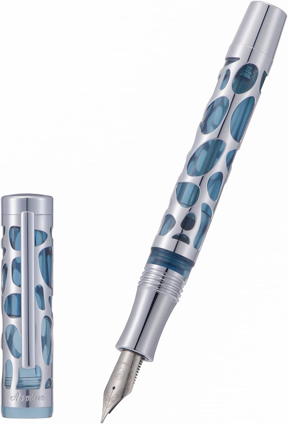 Asvine V169 Vacuum Filling Fountain Pen Fine Nib, Water Drop Skeleton Transparent Gray Blue Acrylic Pen Case Set