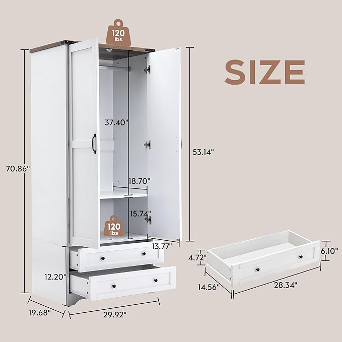 Brafab Armoire Wardrobe Closet with 2 Modern Doors, 71" Tall Freestanding Closet Wardrobe Cabinet with Drawers and Hanging Rail, Light Wooden Storage Cabinet with Shelve for Bedroom (White, 4 Doors)