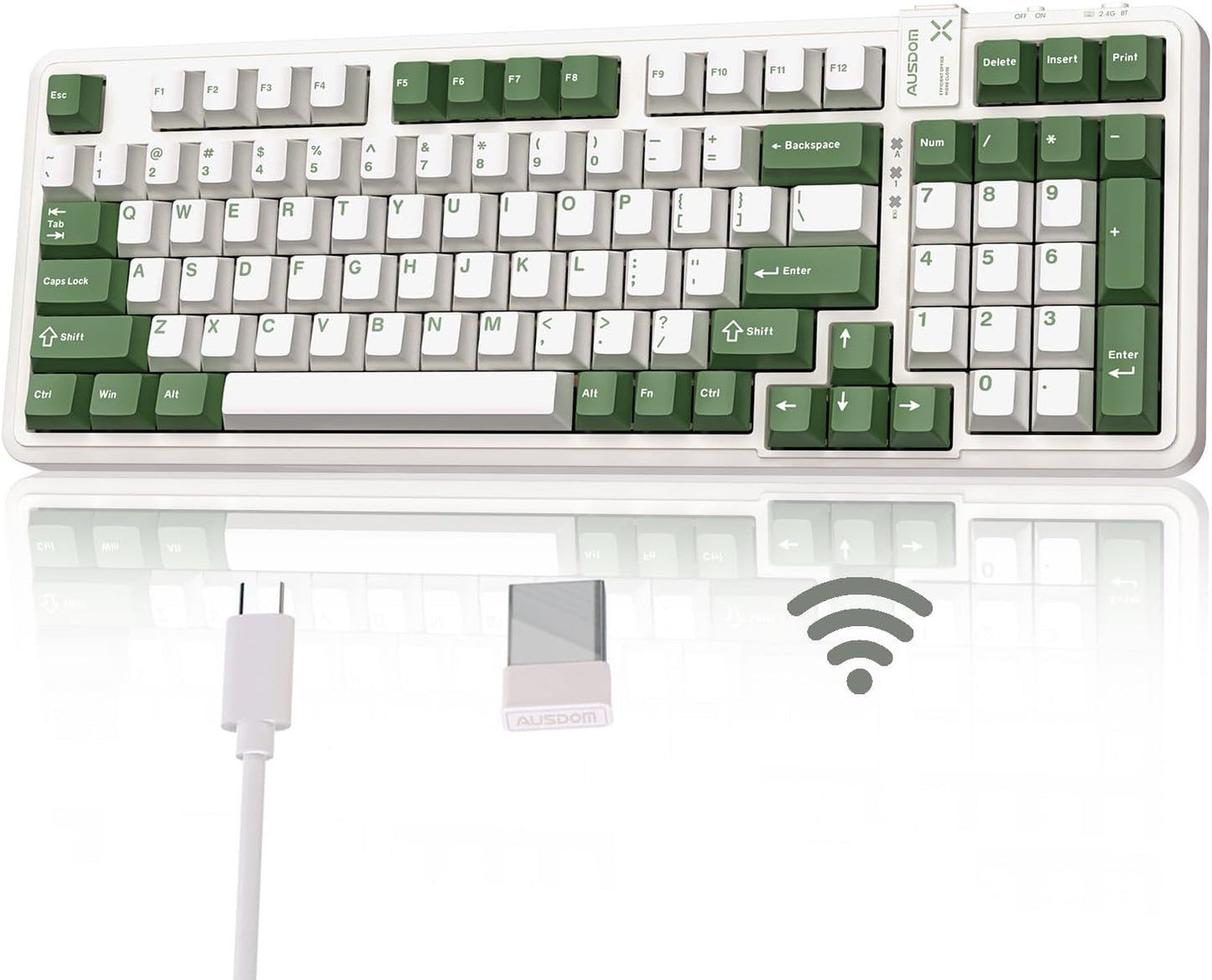 AUSDOM 98Pro Wireless Mechanical Keyboard, Tri-Mode BT/2.4GHz/USB-C Hot Swappable Custom Gaming Keyboard with Backlit, Gasket Structure, Linear Switches for Windows/Mac/PC (Green&White 97keys)
