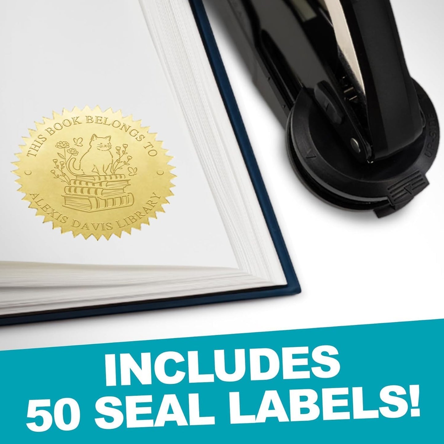 Custom Library Embosser - Style 114 - Embosser, Wood Stamp or Self Inking Stamp - Book Embosser Includes 50 Gold Seals - Custom Stamp Seal from The Library of