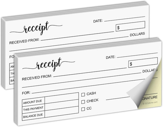 321Done Receipt Book 2-Pack, 2.75x6 Pocket Size 2-Part Carbonless, Made in USA, Cute Handheld Duplicate Copy Order Form for Craft Boutique Business (50 Sets) White/Yellow