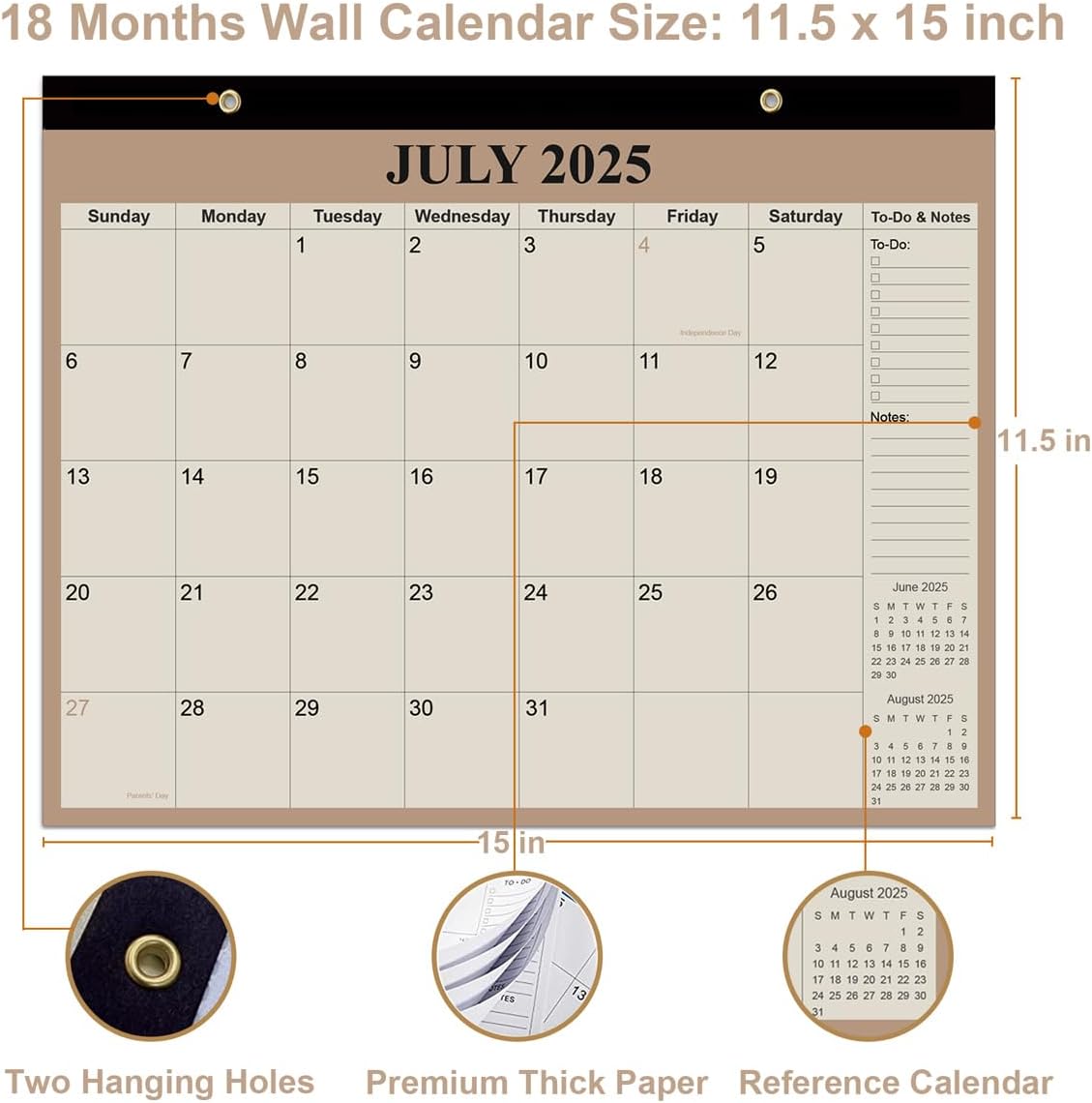Desk Calendar 2025-2026 - 18 Months Calendar from July 2025 to December 2026, Calendar 2025-2026 with Thick Paper for Office Home School Organizing, 14" X 11", Beige