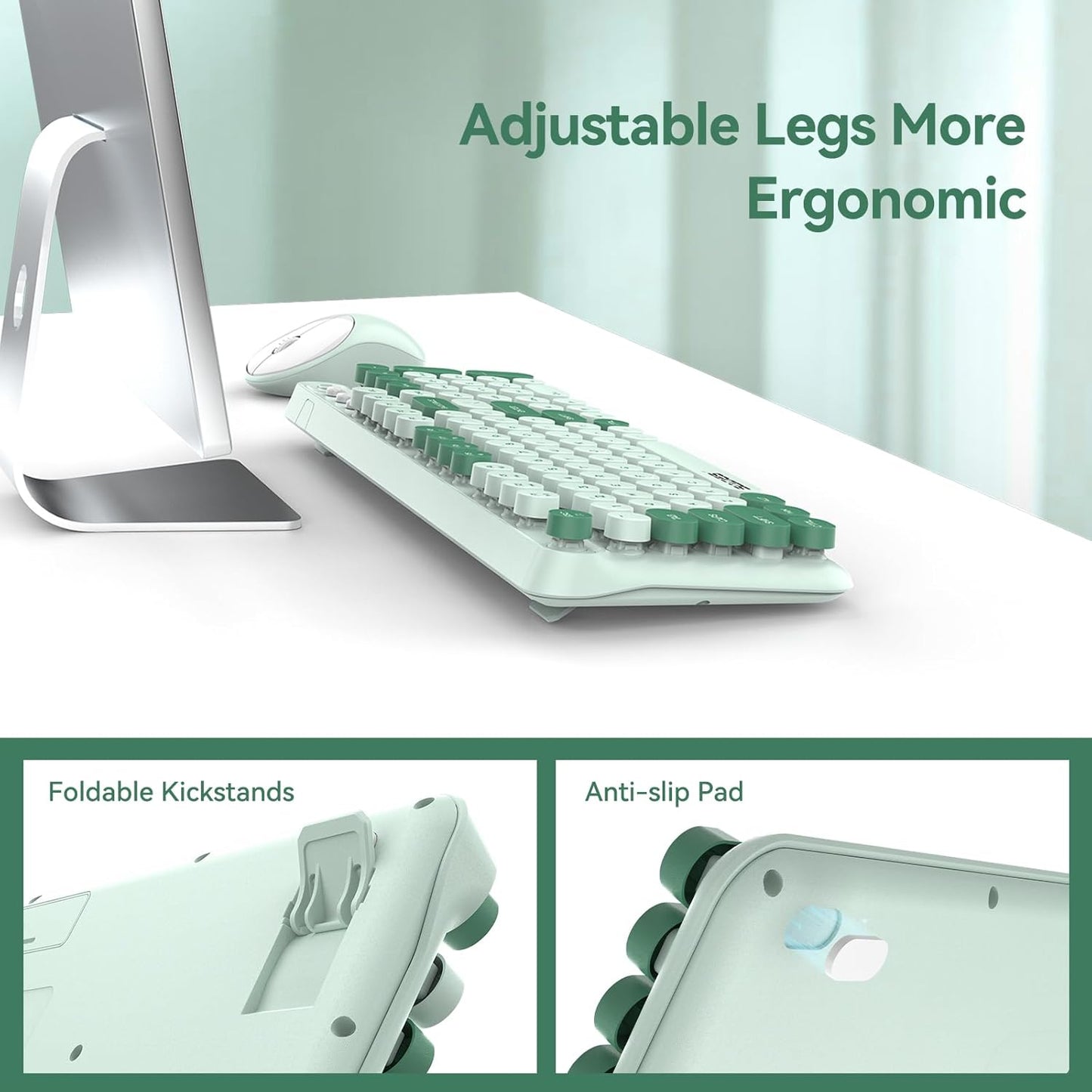 Wireless Keyboard and Mouse,Retro Typewrite Keyboard and Mouse Combo with Round Keypads,2.4G Cute Full Size Keyboard and Mouse Wireless, Home Office Keyboard for Computer Laptop Windows, Mint Green