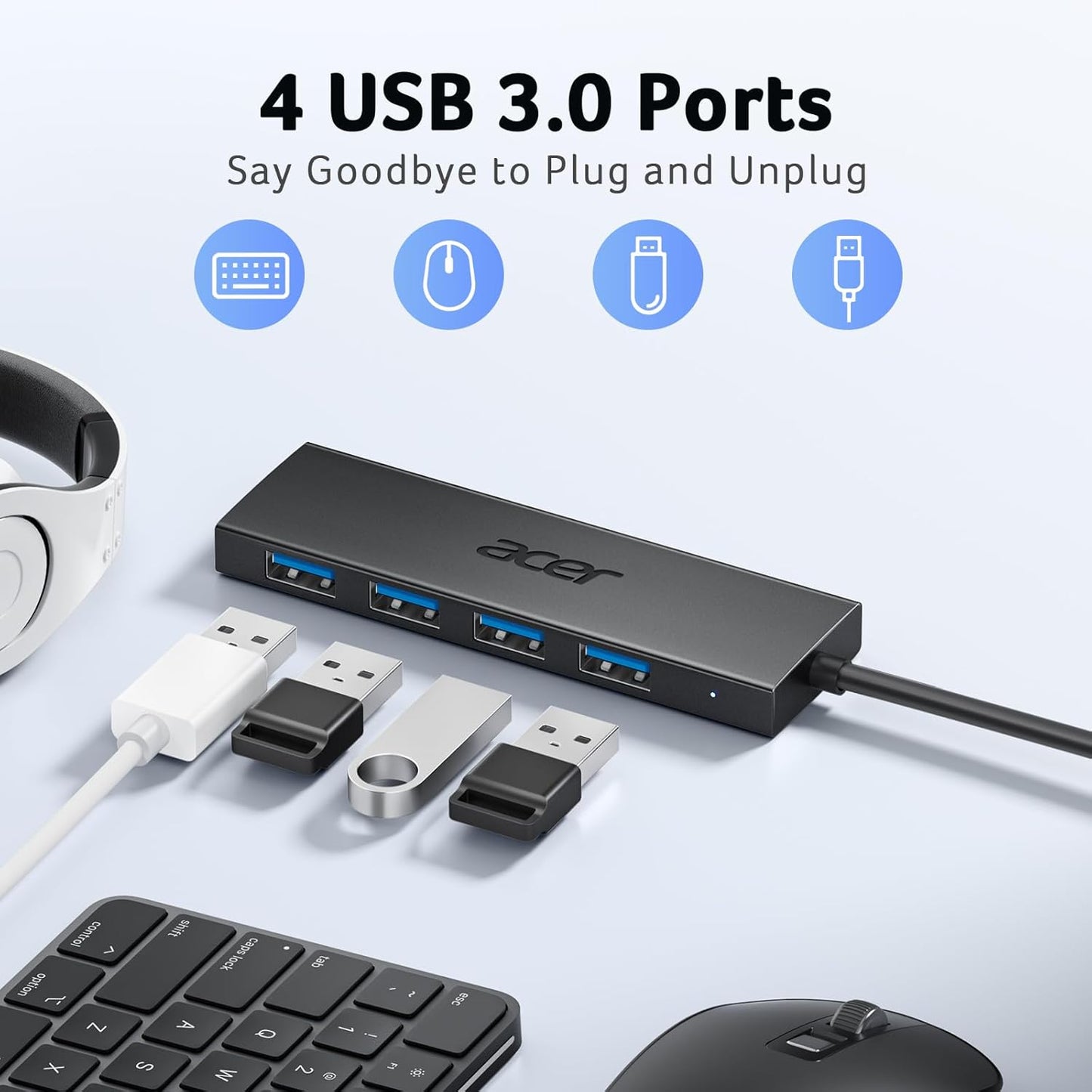 Acer USB C Hub 4 Ports, Multiple USB 3.0 Hub, USBC Splitter for Laptop with TypeC Power Port, Extender for Type C Port Laptop, PC, Desktop and More (USB-C, 0.7ft)