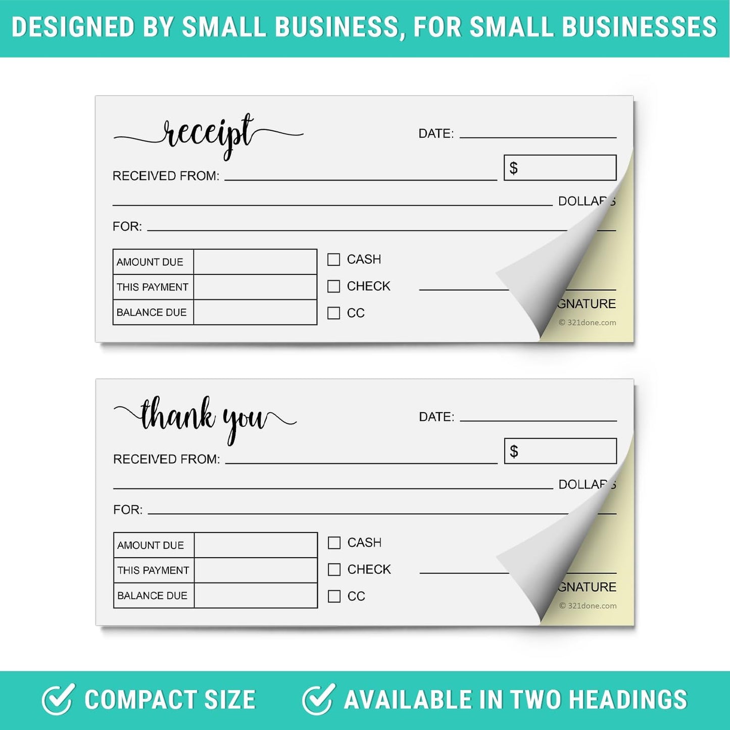 321Done Receipt Book 2-Pack, 2.75x6 Pocket Size 2-Part Carbonless, Made in USA, Cute Handheld Duplicate Copy Order Form for Craft Boutique Business (50 Sets) White/Yellow