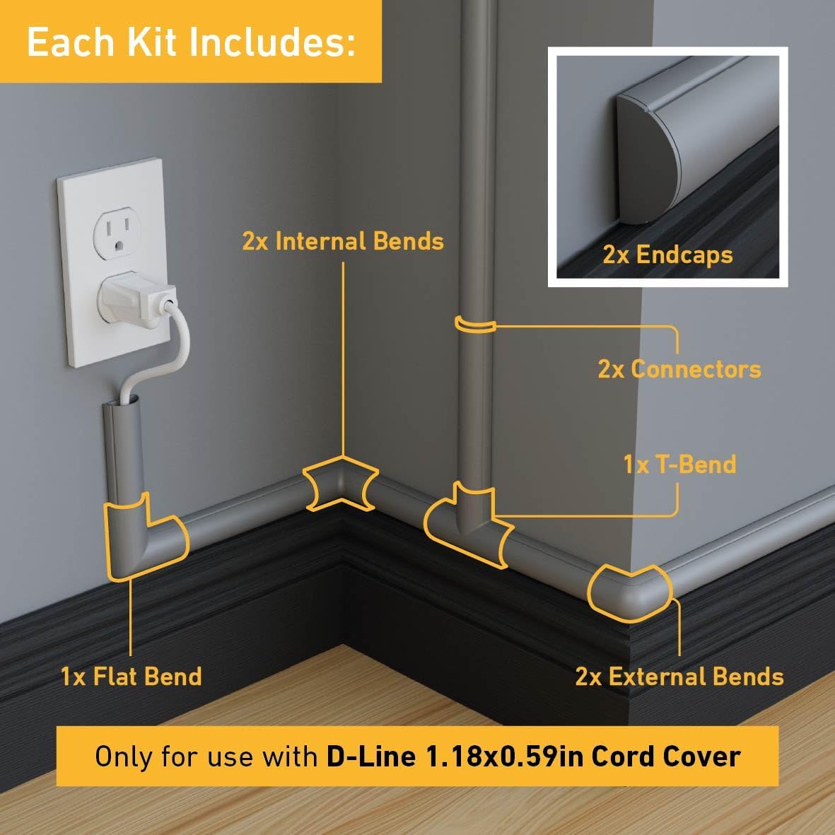 D-Line Medium Cable Raceway Accessory Pack, Join 1.18in x 0.59in Cord Cover Lengths, 10 Accessories Included, Hide Cords Around a Variety of Angles - Gray