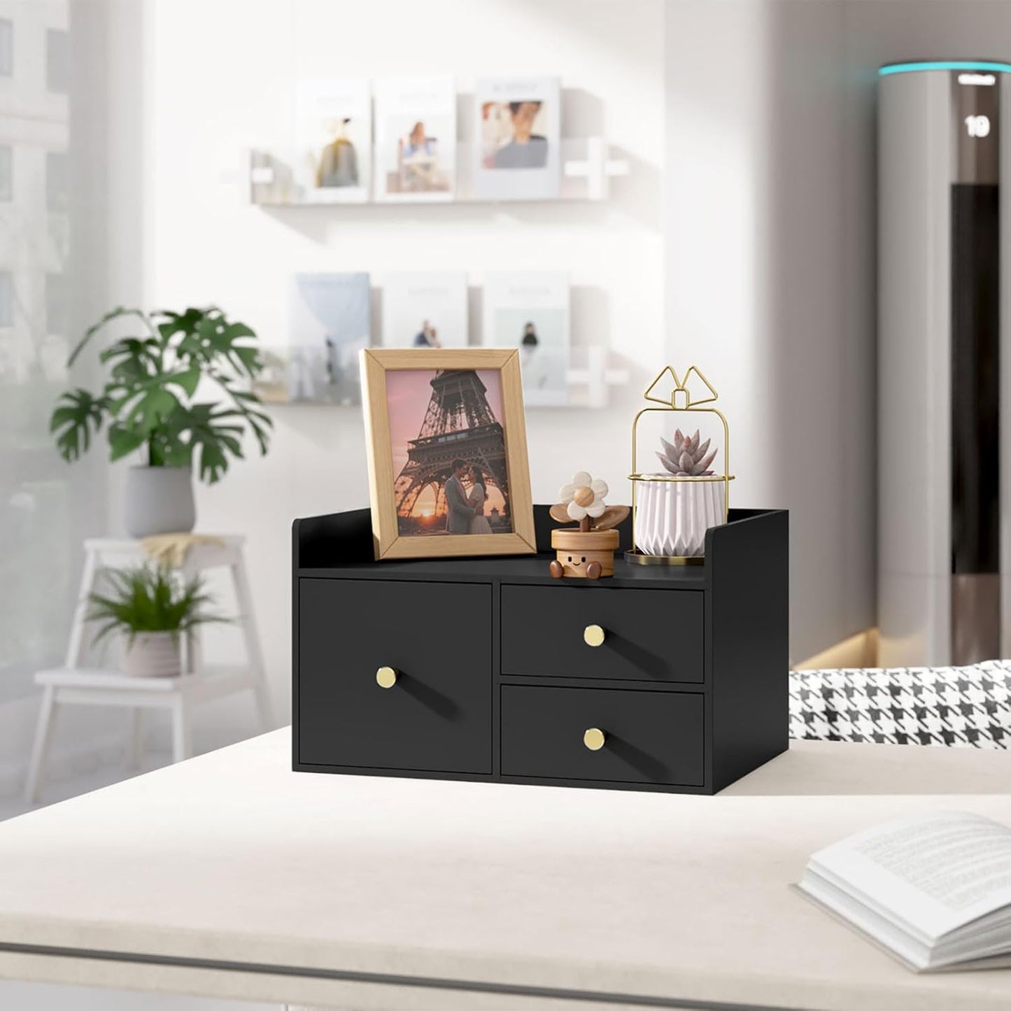 Bamboo Desk Organizer with Drawers Wooden Desktop Storage Organization Box for Bills Office Supplies Kitchen Utensils Organizing Tool for Home Classroom Vanity, No Assembly Required (3 Drawer, Black)