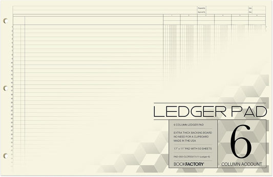 BookFactory Ledger Pad/Large 6 Column Accounting Ledger Columnar (Six Columns) Pads - 17'' x 11'', 50 Pages, Notepad Landscape Format (PAD-050-CLCPD3(17x11-Ledger-6)-AX)