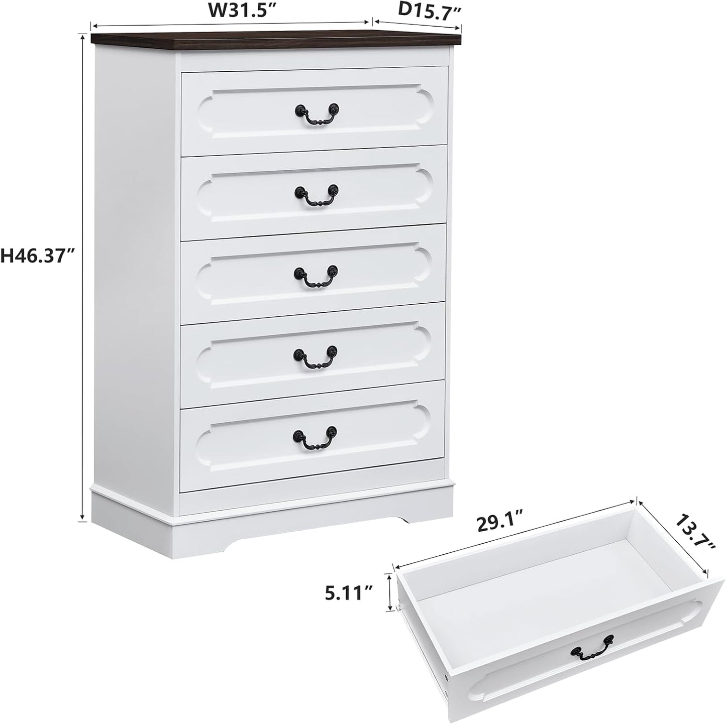 LIDYUK 5 Drawer Dresser for Bedroom Farmhouse White Wood Chest of Drawers for Bedroom Dresser, Rustic 46" Tall Wide Drawers Dressers Wooden Closet Storage Cabinet, Hallway, Living Room