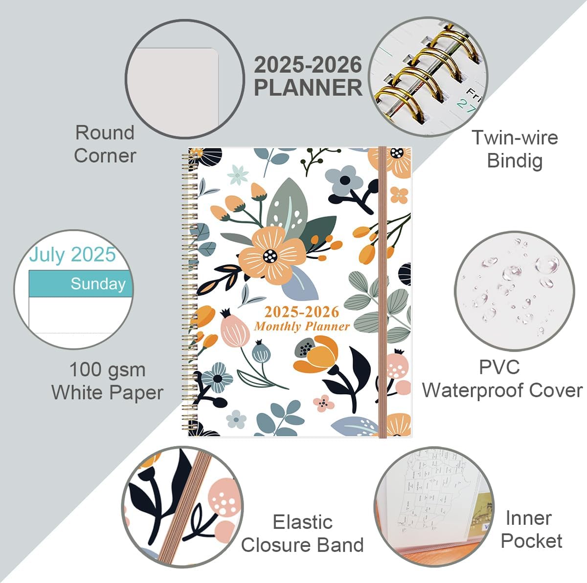 2025-2026 Monthly Planner - 18 Monthly Calendar, July 2025 - December 2026, Two Pages Per Month, 9" x11" Planner with Tabs, Strong Twin-Wire Binding, Inner Pocket, Rose Flowers