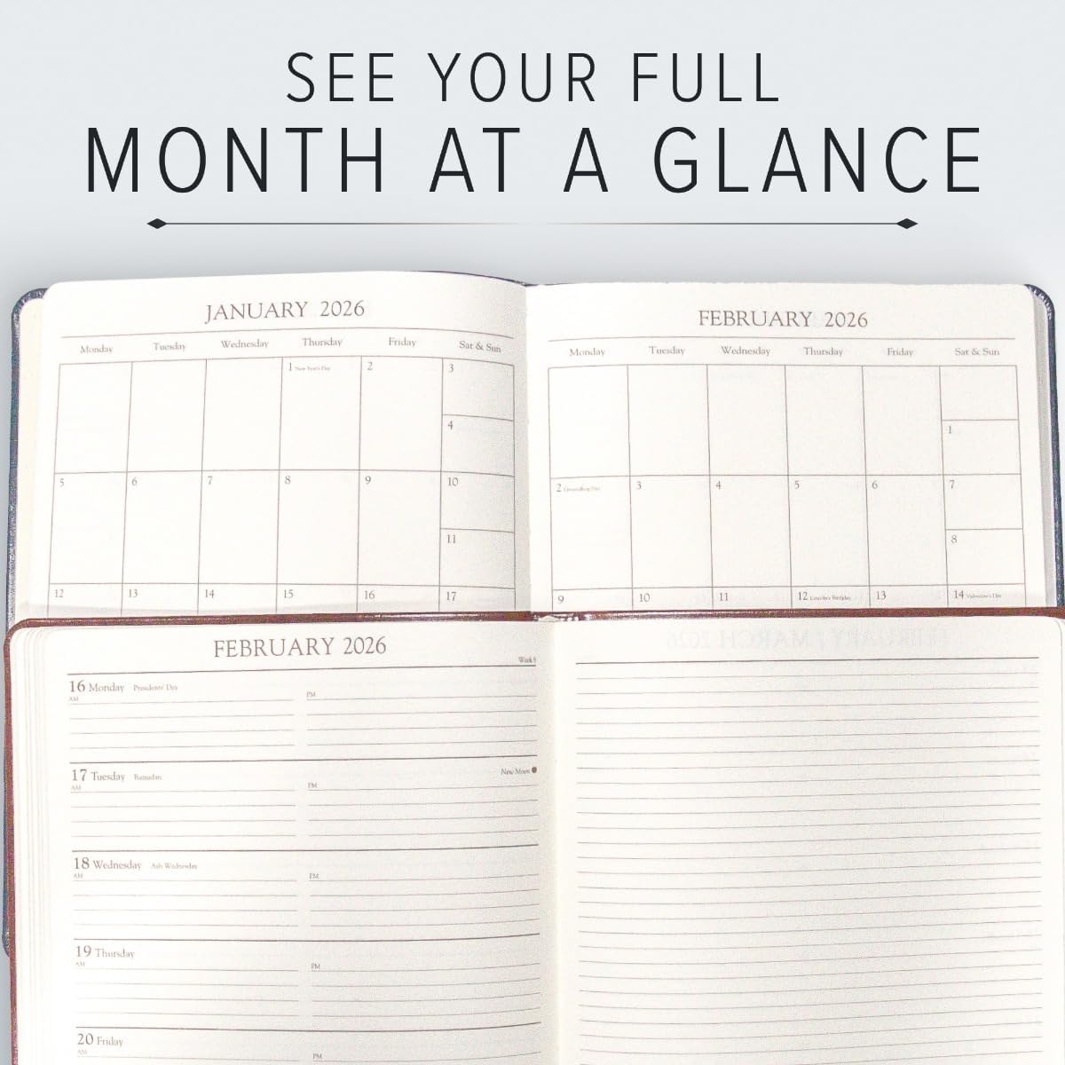 Gallery Leather Academic Planner 2025-2026, Teacher and Student Weekly Monthly Planner, Elegantly Bound Calendar with Gold-Gilded Page Edges, 18 Months - Acadia Navy - 9x7"