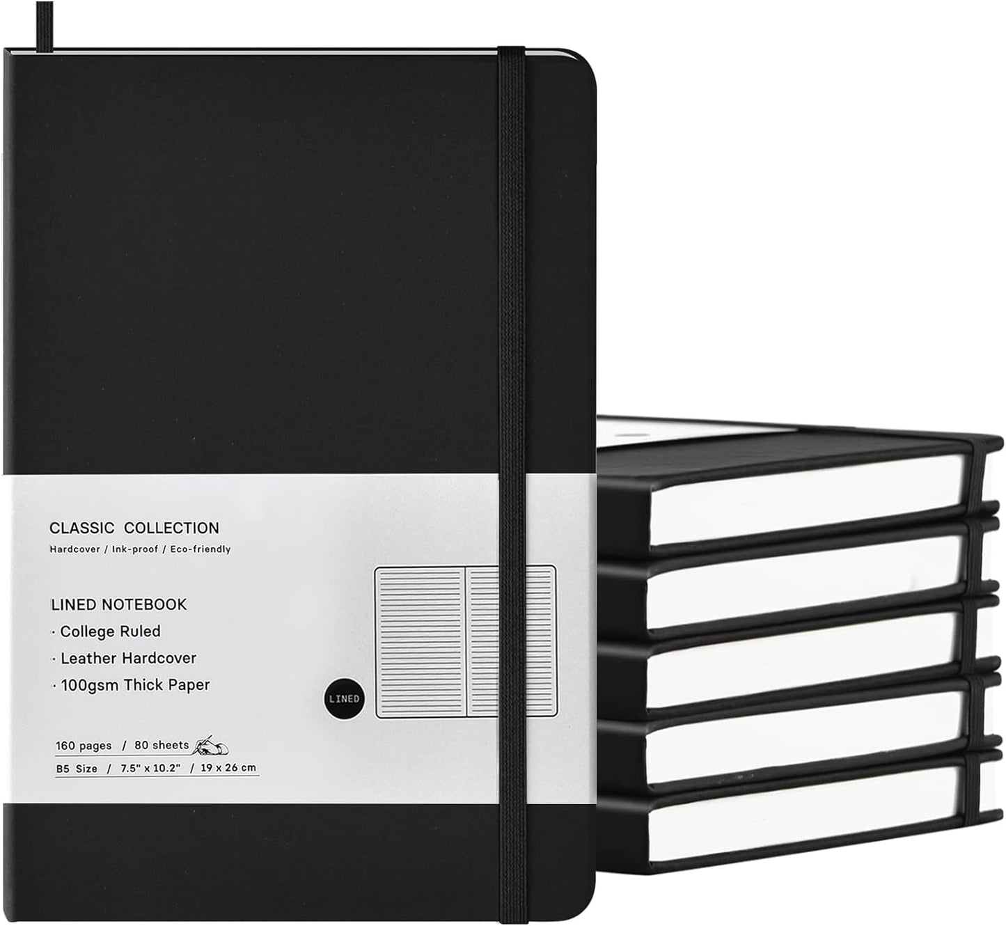 Coopay 6 Pack B5 Notebooks Journal College Ruled Composition Notebooks Classic Hardcover Lined Journals for Office Home School Business Writing Note Taking, 10.2" x 7.5", 100GSM Thick Paper (Black)