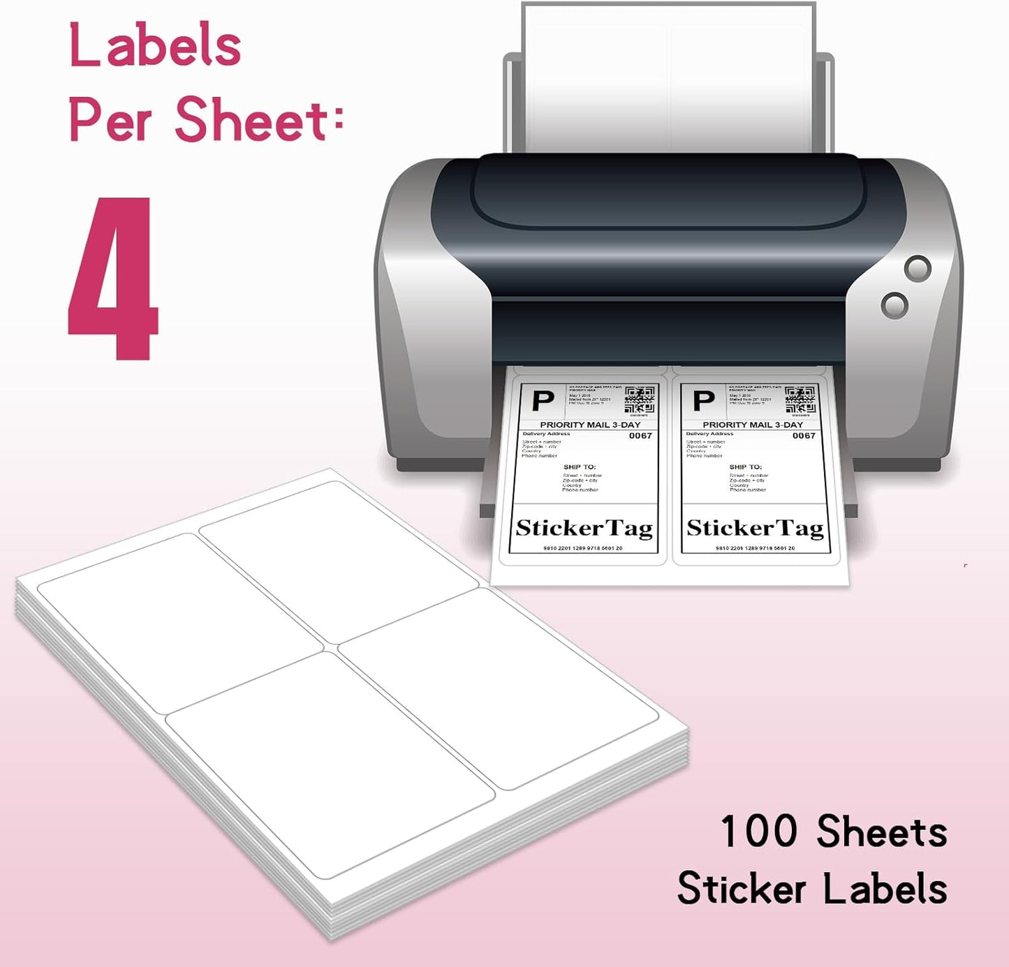 4UP 4" x 5" Shipping Labels Compatible with Laser & Inkjet Printers, Address Mailing Labels Self Adhesive Stickers (100 Sheets)
