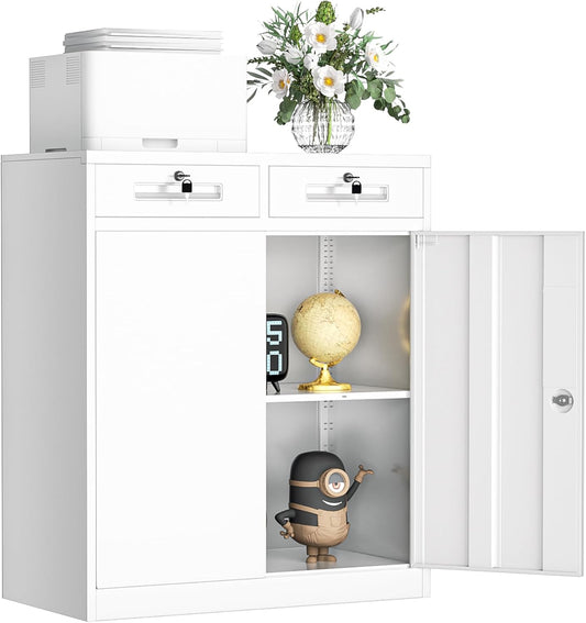 INTERGREAT Metal Cabinet with Drawers, Lockable Metal Storage Cabinets with Doors and Shelves for Garage, White Locking Garage Storage Cabinets 36"×32"×16"
