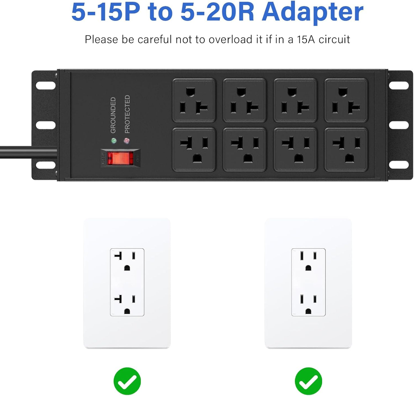 CCCEI 2PCS Heavy Duty Power Strip Surge Protector 20 AMP, 8 Outlets 12 Gauge Shop Garage Metal Multiple Outlets, 6 FT Extension Cord 5-15P Adapter High Amp 6-20R T-Slot 20a for Appliance Black.