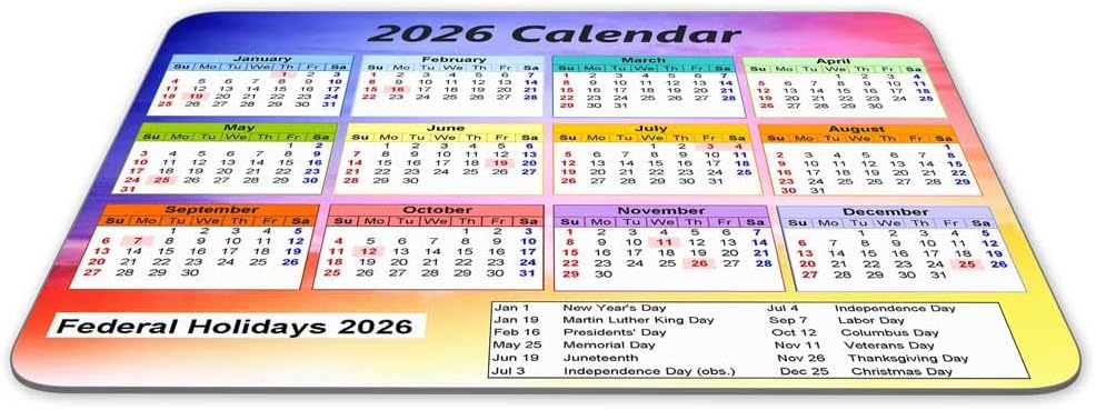 Calendar Mouse pad,2026 Watercolor Background Calendar Natural Rubber Mouse Pad, Quality Creative Gaming Rectangle Mouse Personalized Desk Mouse Pad 9.5 inch x 7.9 inch