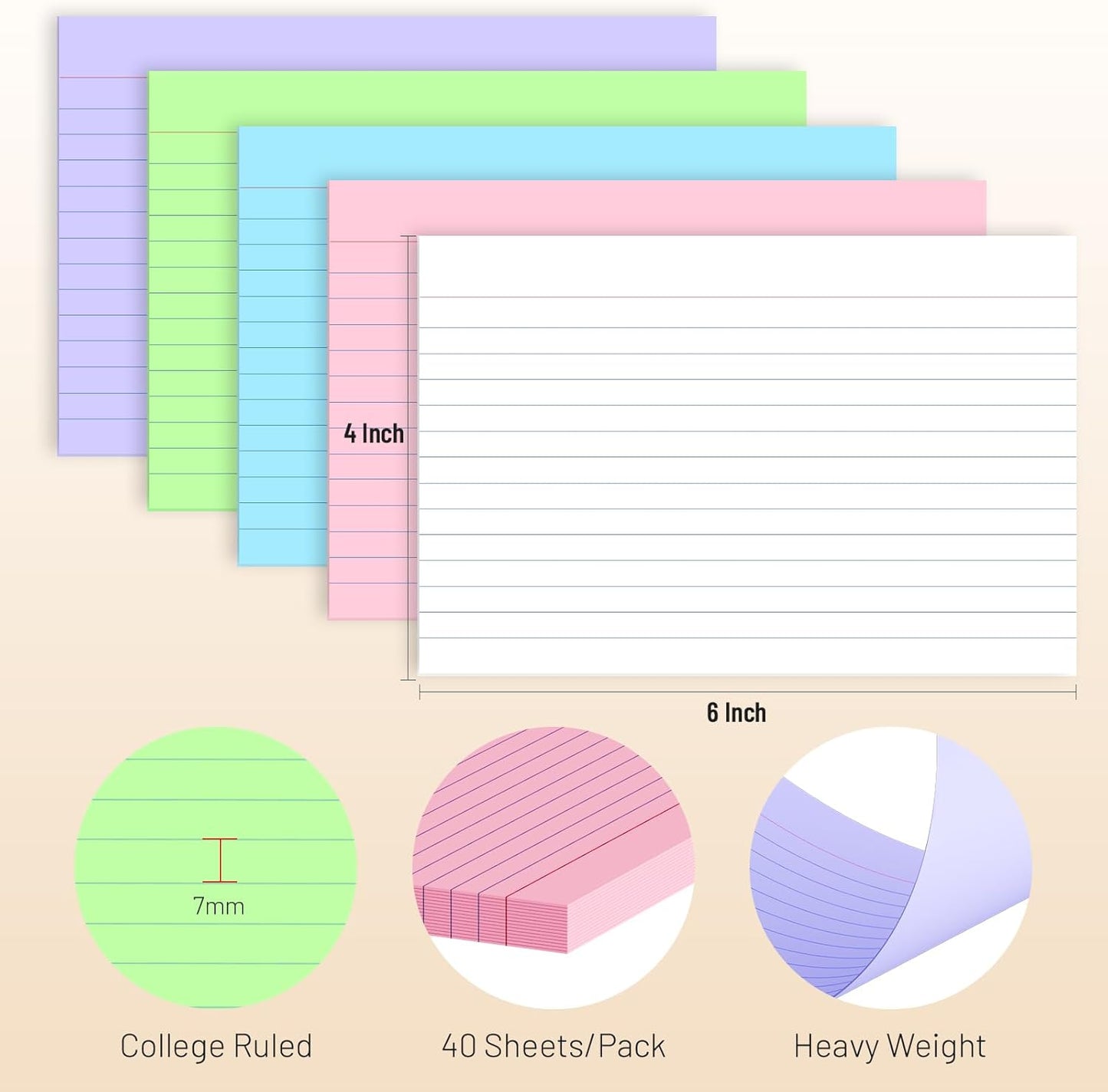 200 Pcs Colored Index Cards 4 x 6 Inch Ruled Index Cards, College Ruled Flash Cards for School, College, Office and Home Organization, Durable Study To Do List Note Cards with Lines, 5 Pack of 40