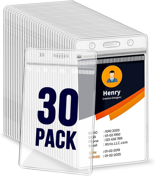 30 Pack ID Badge Holder - Vertical Badge Holder, 2.25" x 3.5" Clear Cards Holders for Lanyard, Plastic Sealable Waterproof, Name Tag Holder for Nurses, Office and School
