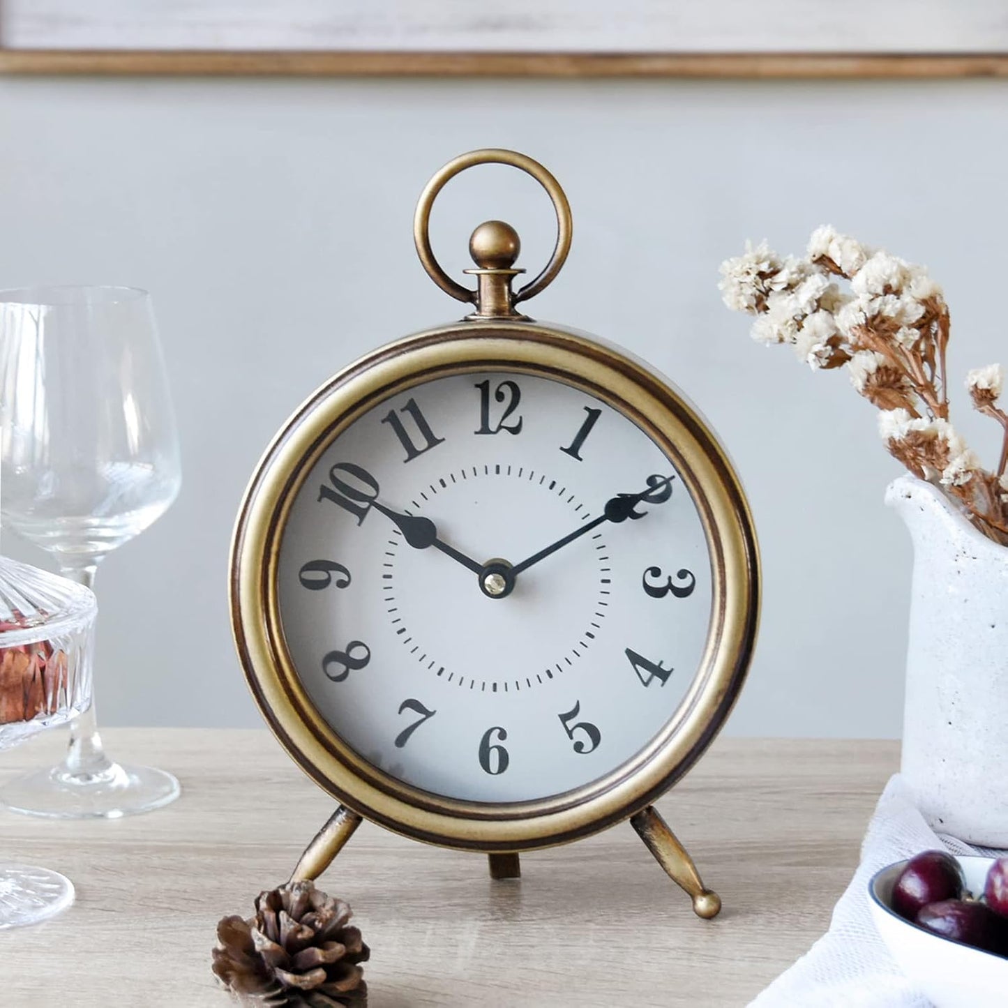 Antique Gold Finish Mantel Clock – Vintage Gold Table Clock on Stand, Decorative Desk and Shelf Clock, Rustic Mantel Clock Non-Ticking 10.3 * 7.3 inch