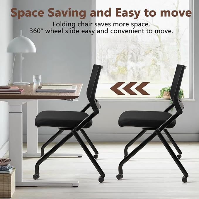 CLATINA Stackable & Foldable Conference Room Chairs, Waiting Room Chairs with Wheels & Lumbar Support, Ergonomic Mesh Bouncing Back Folding Chair for Office Meeting Schools Training Room, Black(2pk)